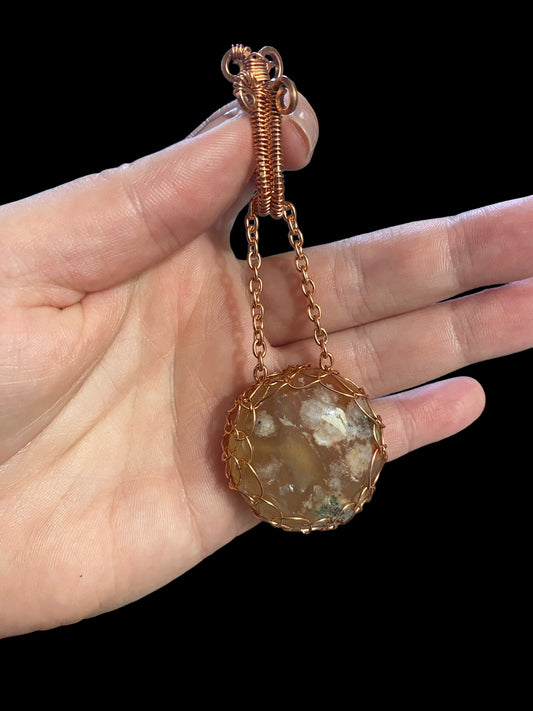 Flower Agate Viking Weave Wrapped Pendant