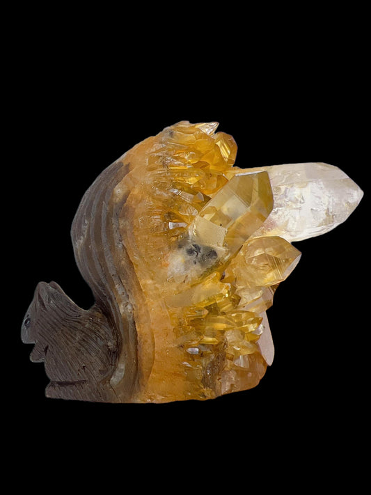 Hand Carved Citrine & Quartz Cluster Squirrel 3"